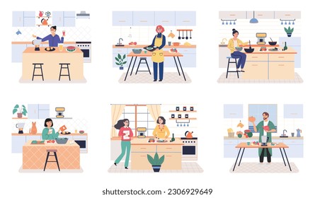 People cooking vegetarian food. Vector illustration. Homemade food, dinner, cozy atmosphere. Happy myself cooking dinner in modern kitchen. Parents and kids preparing lunch isolated on white