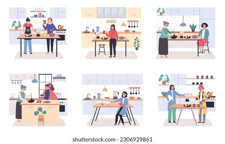 People cooking vegetarian food. Vector illustration. Homemade food, dinner, cozy atmosphere. Happy family cooking dinner together in modern kitchen. Parents and kids preparing lunch isolated on white