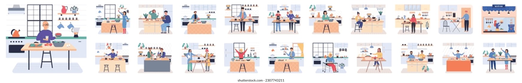 People cooking vegetarian food. Vector illustration. Vegetarian concept with healthy fresh diet a woman eating salad. Collection of people cooking in kitchen, serving table, dining together