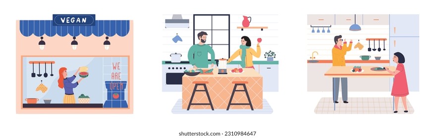 People cooking vegetarian food. Vector illustration. Man and woman with children preparing food for dinner. People cooking. Husband and wife are preparing together. Man and woman in the kitchen