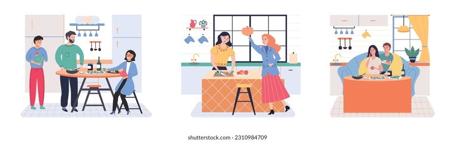 People cooking vegetarian food. Vector illustration. Homemade food, dinner, cozy atmosphere. Happy family cooking dinner together in modern kitchen. Parents and kids preparing lunch isolated on white