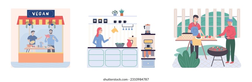 People cooking vegetarian food. Vector illustration. Chef cooks preparing food cook hands on the kitchen table. Set with people who cook and utensils. Food and cooking banner. Cooking vegatable