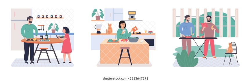 People cooking vegetarian food. Vector illustration. Woman preparing salad, kitchen and outdoor eating. Fresh vegetables, organic food, natural products. Smiling man cooking homemade meals