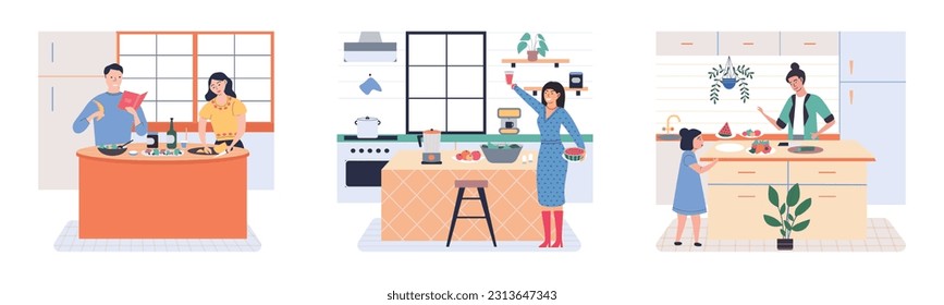 People cooking vegetarian food. Vector illustration. Chef cooks preparing food cook hands on the kitchen table. Set with people who cook and utensils. Food and cooking banner. Cooking vegatable