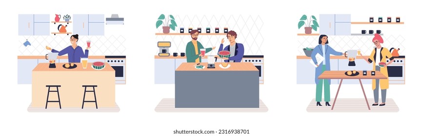 People cooking vegetarian food. Vector illustration. Homemade food, dinner, cozy atmosphere. Happy family cooking dinner together in modern kitchen. Parents and kids preparing lunch isolated on white