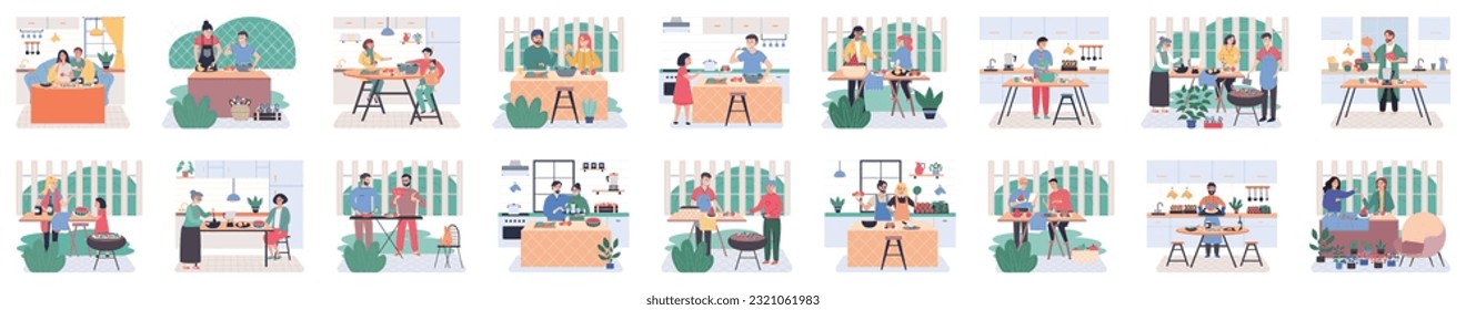 People cooking vegetarian food. Vector illustration. Woman preparing salad, kitchen eating. Fresh vegetables, organic food, natural products. Smiling man cooking homemade meals in small cozy kitchen