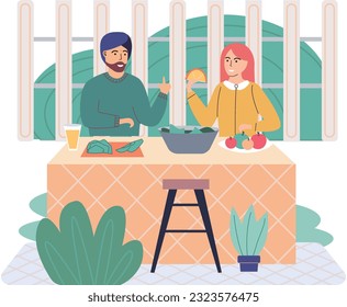 People cooking vegetarian food. Vector illustration. Man and woman with children preparing food for dinner. People cooking. Husband and wife are preparing together. Indian man and woman in the kitchen