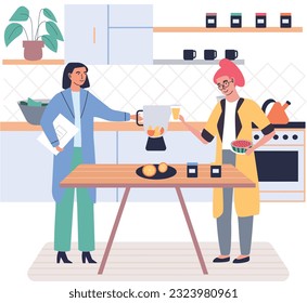 People cooking vegetarian food. Vector illustration. Healthy organic vegan food. Cute girl cooking homemade meals in kitchen. Cooking dietary dishes. Woman cooking juce. Cook healthy food at home