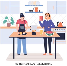 People cooking vegetarian food. Vector illustration. Cute girl cooking homemade meals in kitchen. Cooking dietary dishes. Woman cutting juce ingredients by recipe. Woman preparing salad