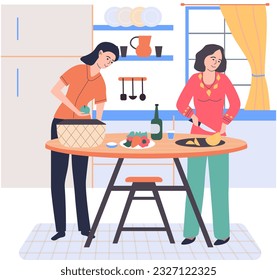 People cooking vegetarian food. Vector illustration. Set of characters cooking meal home. Woman preparing food for dinner. People cooking. Wife preparing healthy alternative from vegetarian nutrition