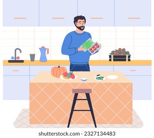 People cooking vegetarian food. Vector illustration. Fresh vegetables, organic food, natural products. Smiling man cooking homemade meals in small cozy kitchen. Father preparing dinner on big stove
