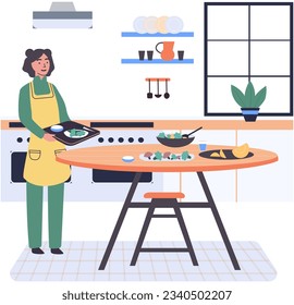 People cooking vegetarian food. Vector illustration. Cute girl cooking homemade meals in kitchen. Cooking dietary dishes. Woman cutting salad ingredients by recipe. Woman preparing salad