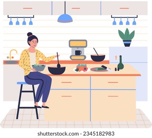 People cooking vegetarian food. Vector illustration. Cute girl cooking homemade meals in kitchen. Cooking dietary dishes. Woman cutting salad ingredients by recipe. Woman preparing salad