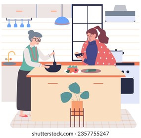 People cooking vegetarian food. Vector illustration. Characters cooking meal home. Woman preparing food for dinner. People cooking. Grandmother preparing healthy alternative vegetarian nutrition