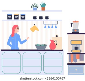 People cooking vegetarian food. Vector illustration. Cute girl cooking homemade meals in kitchen. Cooking dietary dishes. Woman cutting salad ingredients by recipe. Woman preparing salad