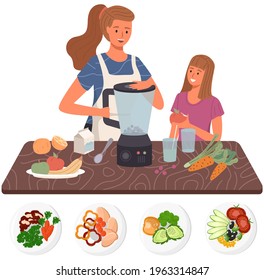 People cooking vegetarian meals. Proper nutrition, healthy lifestyle and vegetarianism concept. Process of cooking meal. Natural organic food ingredients icons isolated. Cook salad, organic food
