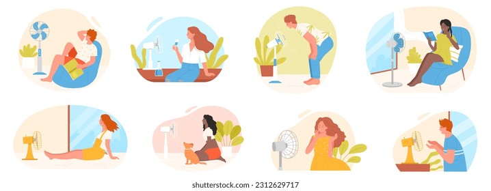 La gente se enfría en el ventilador en la ilustración vectorial de conjunto de calor. Caricatura aisló escenas calurosas de verano con mujeres y hombres, niñas y niños enfriándose en el ventilador eléctrico soplando, sentados en el piso de casa o silla