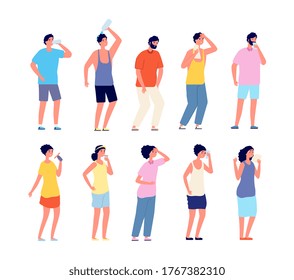 People cooling hot summer. Sweaty adult, woman man with cool beverages. Isolated person relaxation and drinking, outdoor activity vector set