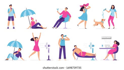 People cooling in hot weather. Rest from hot summer weather, eat ice cream and cool under fan. Siesta, air conditioning vector illustration set. Weather temperature, people cooling and conditioning