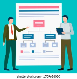 People cooperating and presenting board with scheme. Men workers communicating with plan icon and discussing work strategy in business with China. Professional character holding report vector