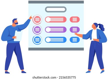 People cooperating and presenting scheme. Workers communicating, discussing plan icon and talking about work strategy in business. Characters demonstrates business diagram vector illustration