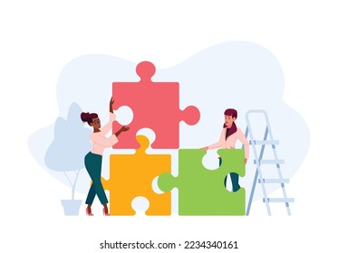 People Cooperation, Creative Idea Development, Collective Work, Partnership. Businesspeople Teamwork, Office Employees Group Set Up Huge Separated Puzzle Pieces Together. Cartoon Vector Illustration