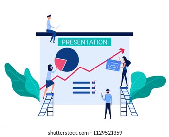 People Cooperation Prepare Business Presentation And Online Training Increase Sales And Skills. Analysis Company Information Concept. Cartoon Vector Illustration.