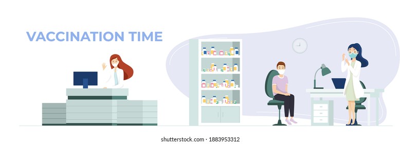 People coronavirus vaccination concept for immunity health. Doctor pediatrician makes an injection of flu vaccine to a child in hospital. Healthcare, medical treatment, prevention and immunize.