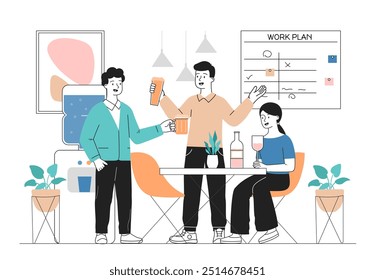 People with corporate event. Men and woman with alcoholic drinks. Business holiday and party. Colleagues with beer and wine in office. Linear vector illustration isolated on white background