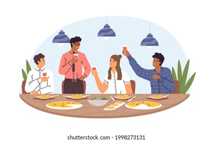 People at corporate festive dinner with wine glasses. Colleagues eating at informal meeting. Partners celebrating smth. at dining table. Colored flat vector illustration isolated on white background