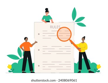 People with corporate rules. Man and women with magnifying glass near regulations of organization. Organizing efficient workflow. Cartoon flat vector illustration isolated on white background