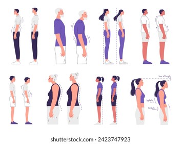 Personas con una postura correcta e incorrecta. Escoliosis, curvatura de la columna vertebral