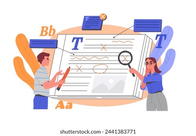 People correct text concept. Man and woman with magnifying glass look at article. Editors work with copyriters. Grammar mistakes. Cartoon flat vector illustration isolated on white background