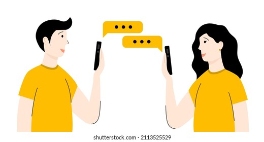 People correspond through the phone. A woman and a man chatting on a white background. Chatting. Vector commercial illustration in flat cartoon style