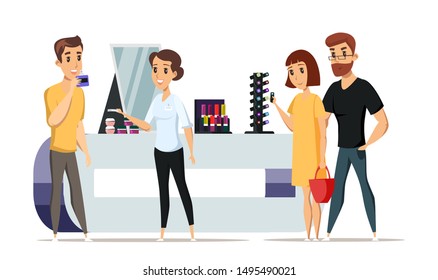People in cosmetics shop flat vector illustration. Happy store customers and friendly staff cartoon characters. Young women buying makeup accessories. Seller consultant helping guy choose perfume