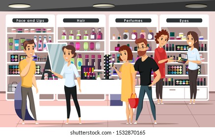 People in cosmetics shop flat vector illustration. Happy store customers and friendly staff cartoon characters. Young women buying makeup accessories. Seller consultant helping guy choose perfume