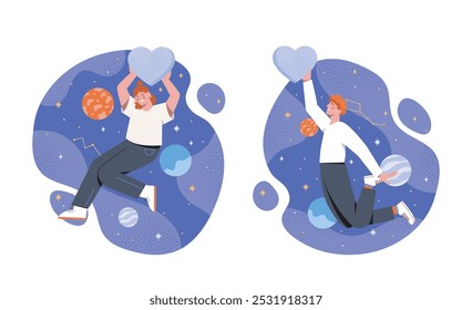 People with cosmic love. Man and woman with hearts in their hands near stars and planets. Space and universe, galaxy. Love and romance. Flat vector illustration isolated on white background