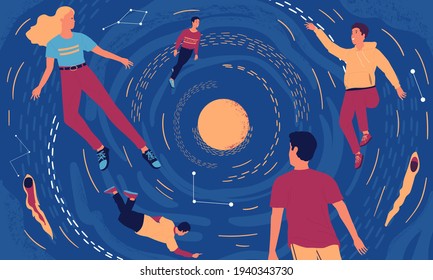 People In Cosmos. Cartoon Young Men And Women Floating In Universe. Relaxation And Mind Expansion Concept. Happy People Flying Around Sun In Space. Vector Fantastic Galactic Journey