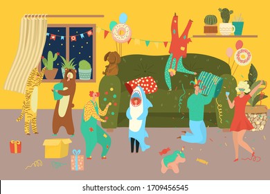 People in costumes at carnival home party room, friends celebrating birthday or halloween, celebration kids flat vector illustration. Happy men and women in costumes of animals, clowns at masquerade.