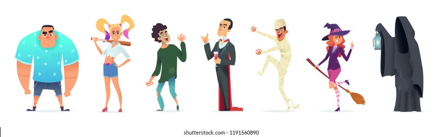 People in costumes for Halloween. Character design for a happy Halloween party. Vector illustration