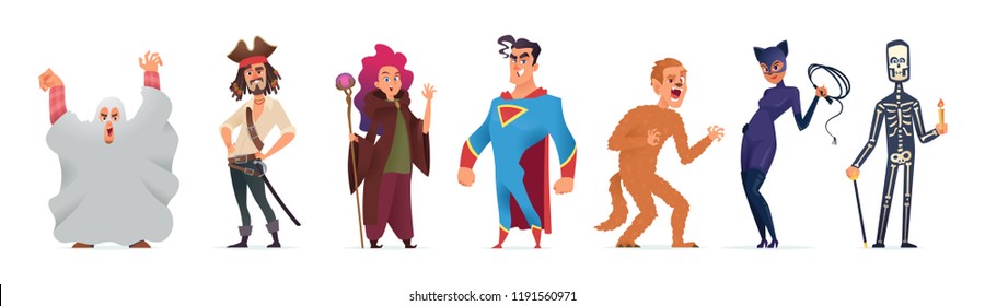 People in costumes for Halloween. Character design for a happy Halloween party. Vector illustration