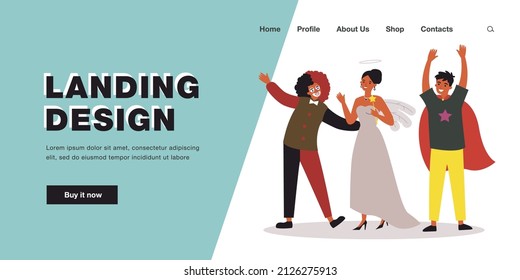 People in costumes having fun celebrating. Happy friends, clown princess and magician having celebration together. New Year, birthday anniversary. Cartoon flat vector illustration.