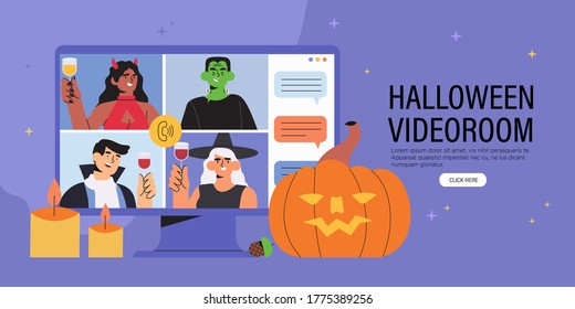 Gente disfrazada con un videocall celebrando Halloween en casa. Concepto de videollamadas y fiesta de vacaciones en línea con banner de amigos y colegas. Hombre y mujer se reúnen en línea y conversan.