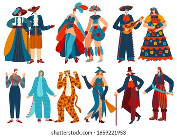 People in costumes, isolated cartoon characters, carnival party vector illustration. Men and women in funny masquerade costumes, people dressing for party celebration. Vampire, pirate, mime and witch