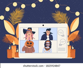 Personas disfrazadas en laptop durante videollamadas. Feliz fiesta de Halloween en línea. Ilustración vectorial plana.