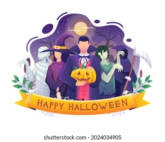 People in costumes of vampire witch mummy zombie are celebrating Halloween Flat vector illustration
