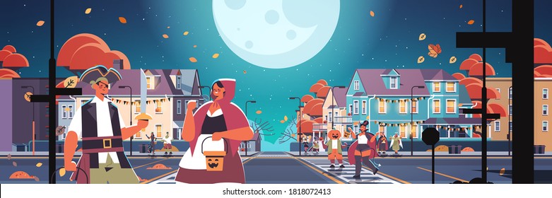 people in costumes walking in town trick or treat happy halloween celebration concept greeting card horizontal vector illustration