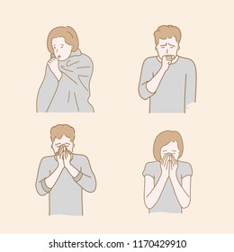 People cough because of cold autumn or winter weather.  hand drawn style vector doodle design illustrations.