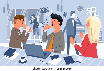 people cough in office not wearing mask, virus spreading in office vector illustration. corona virus spread in office. use for social media poster, website image, landing page and other.