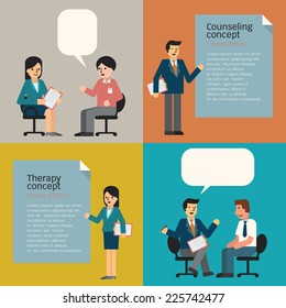 People in counseling and therapy concept,  including guidance and analysis. Cartoon man and woman in trendy flat design. 